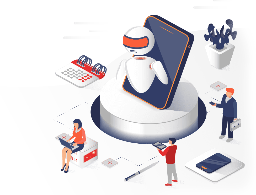 Illustration of automated business workflow with AI-powered tools and team collaboration